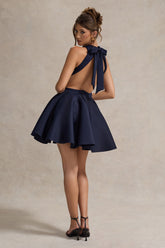 Navy Racer-Neck Sleeveless Skater Mini Dress